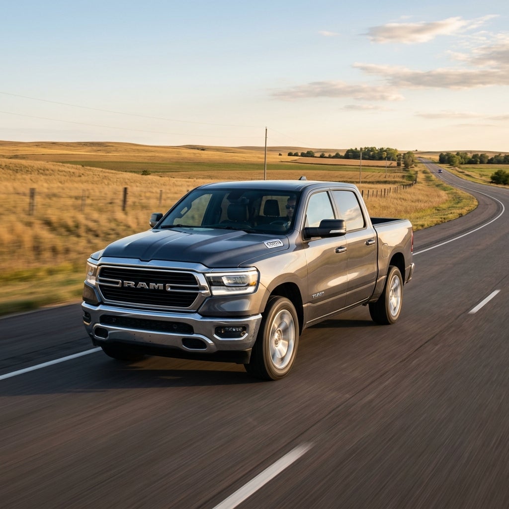 Grey Ram 1500 pickup truck driving along a winding asphalt road through rural golden fields at sunset. (Representative image for illustration purposes only. Actual vehicle may vary based on trim and configuration.)