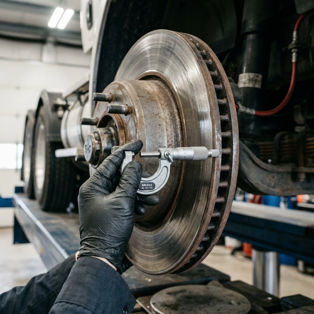 Mechanic wearing black gloves using a precision micrometer to measure brake rotor thickness on a vehicle. (Representative image for illustration purposes only. Actual vehicle may vary based on trim and configuration.)