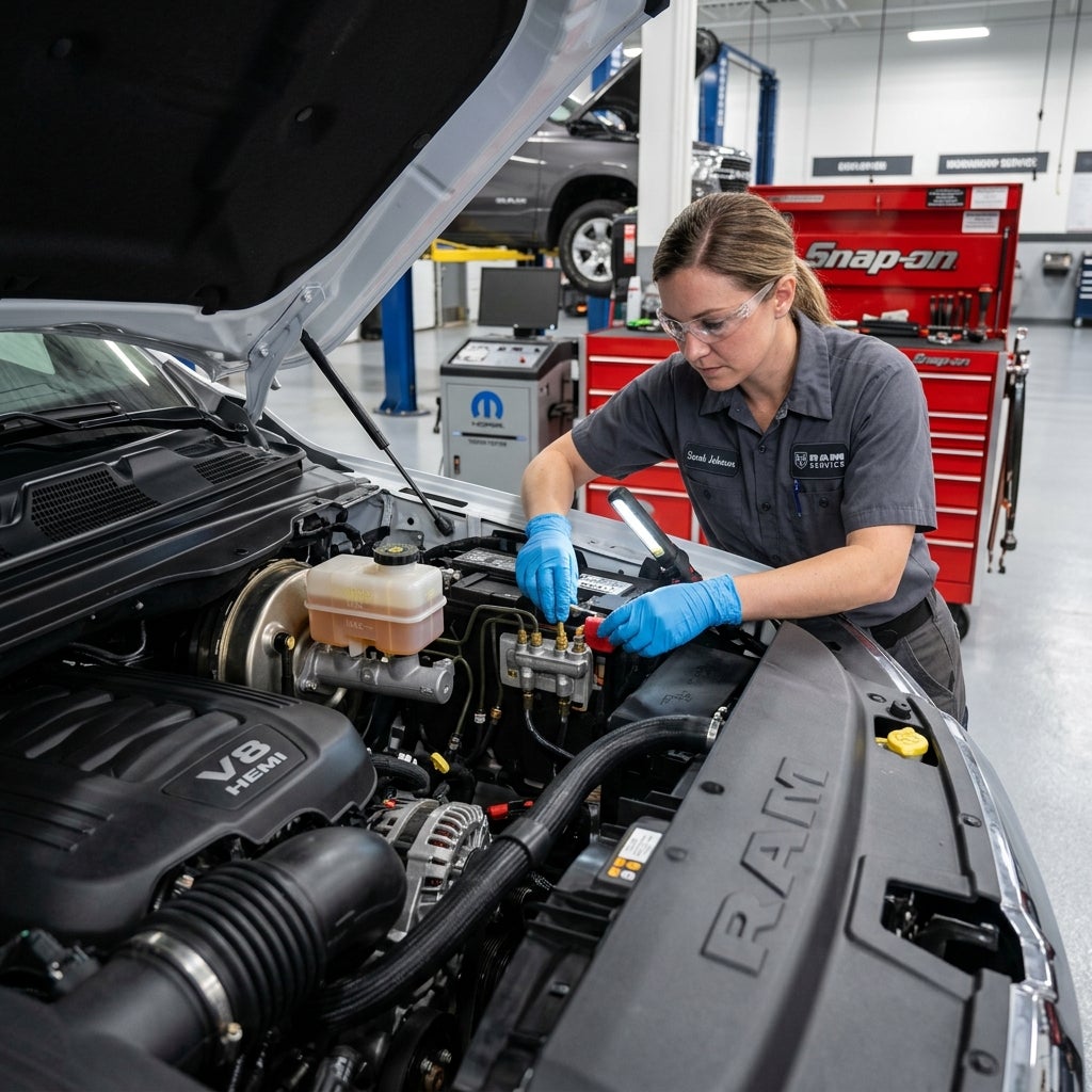A female mechanic wearing safety glasses and blue gloves inspects the engine of a white Ram truck in a service garage. (Representative image for illustration purposes only. Actual vehicle may vary based on trim and configuration.)