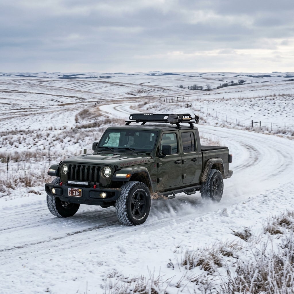 Olive green Jeep Gladiator Rubicon driving on a winding, snow-covered road through rolling winter hills. (Representative image for illustration purposes only. Actual vehicle may vary based on trim and configuration.)