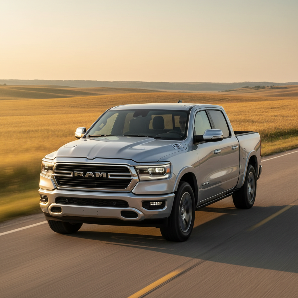 A silver RAM 1500 pickup truck drives down a paved road alongside golden fields at sunset. (Representative image for illustration purposes only. Actual vehicle may vary based on trim and configuration.)