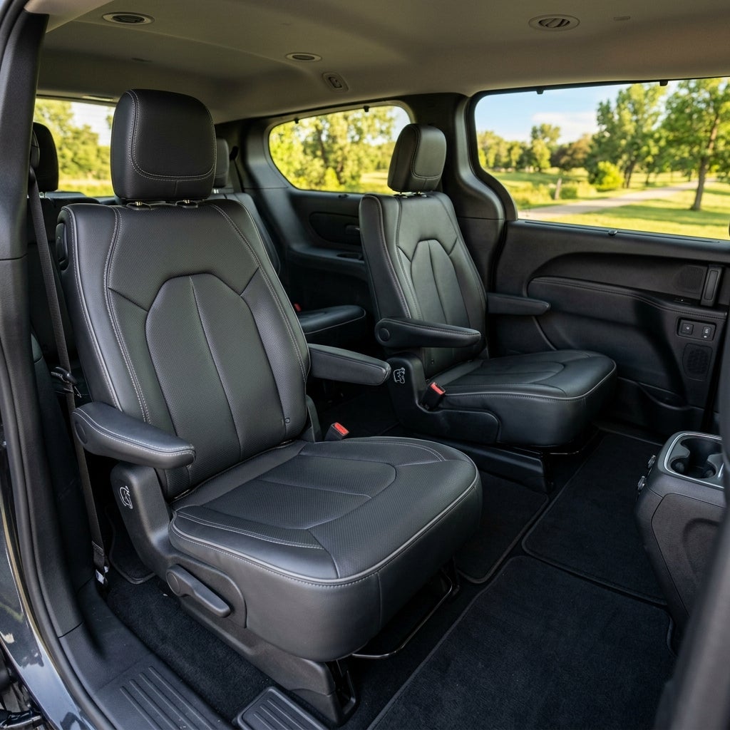 Interior of a modern vehicle showing black leather second-row captain's chairs with armrests and carpeted floors. (Representative image for illustration purposes only. Actual vehicle may vary based on trim and configuration.)