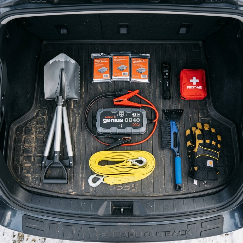 Winter emergency gear including a shovel, jump starter, tow strap, first aid kit, and ice scraper in a car trunk. (Representative image for illustration purposes only. Actual vehicle may vary based on trim and configuration.)