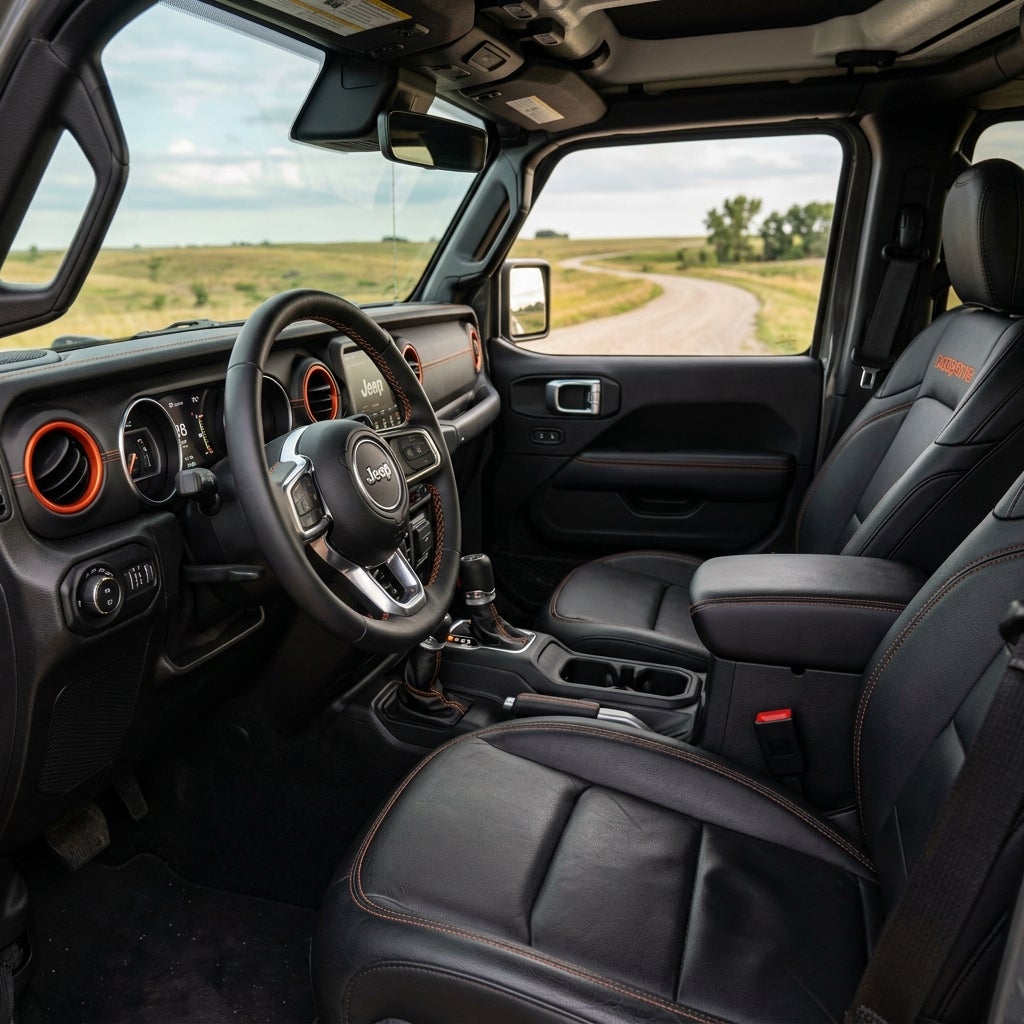 Black leather interior of a Jeep with orange stitching and an open dirt road visible through the window. (Representative image for illustration purposes only. Actual vehicle may vary based on trim and configuration.)