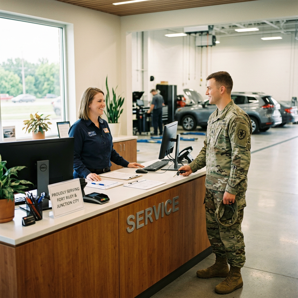 A service advisor smiles while helping a US Army soldier at an automotive dealership service counter. (Representative image for illustration purposes only. Actual vehicle may vary based on trim and configuration.)