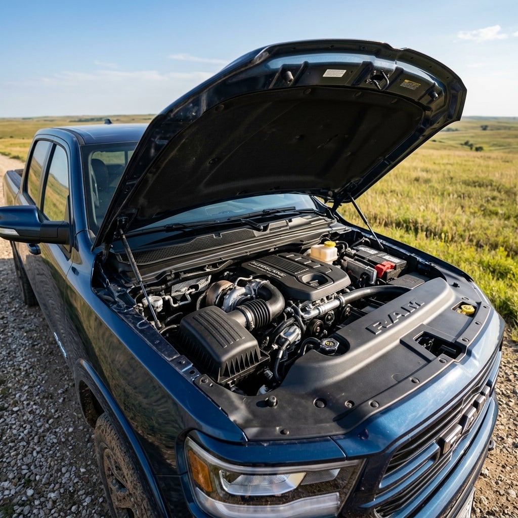 Blue Ram pickup truck parked outdoors on a gravel road with its hood open, exposing the engine bay. (Representative image for illustration purposes only. Actual vehicle may vary based on trim and configuration.)