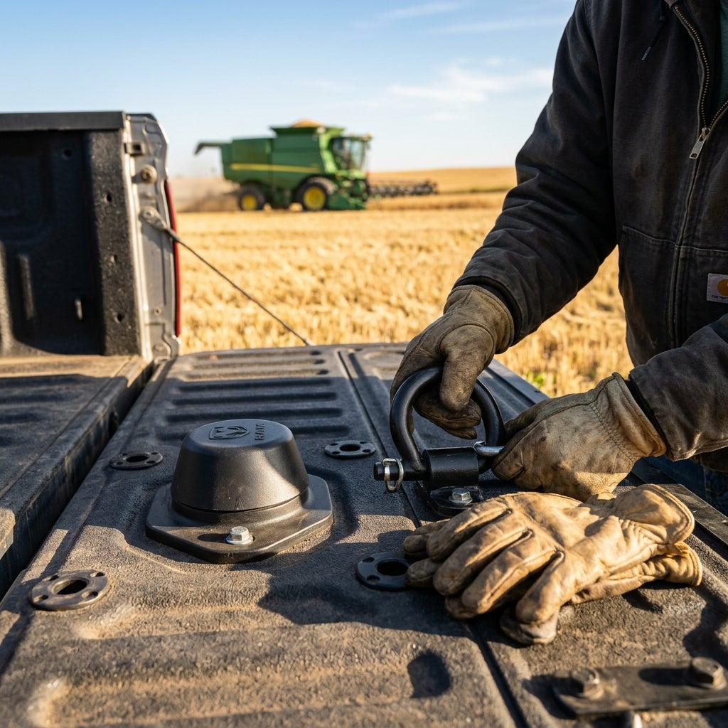 Person wearing leather work gloves attaches a heavy-duty shackle to a pickup truck bed on a farm. (Representative image for illustration purposes only. Actual vehicle may vary based on trim and configuration.)