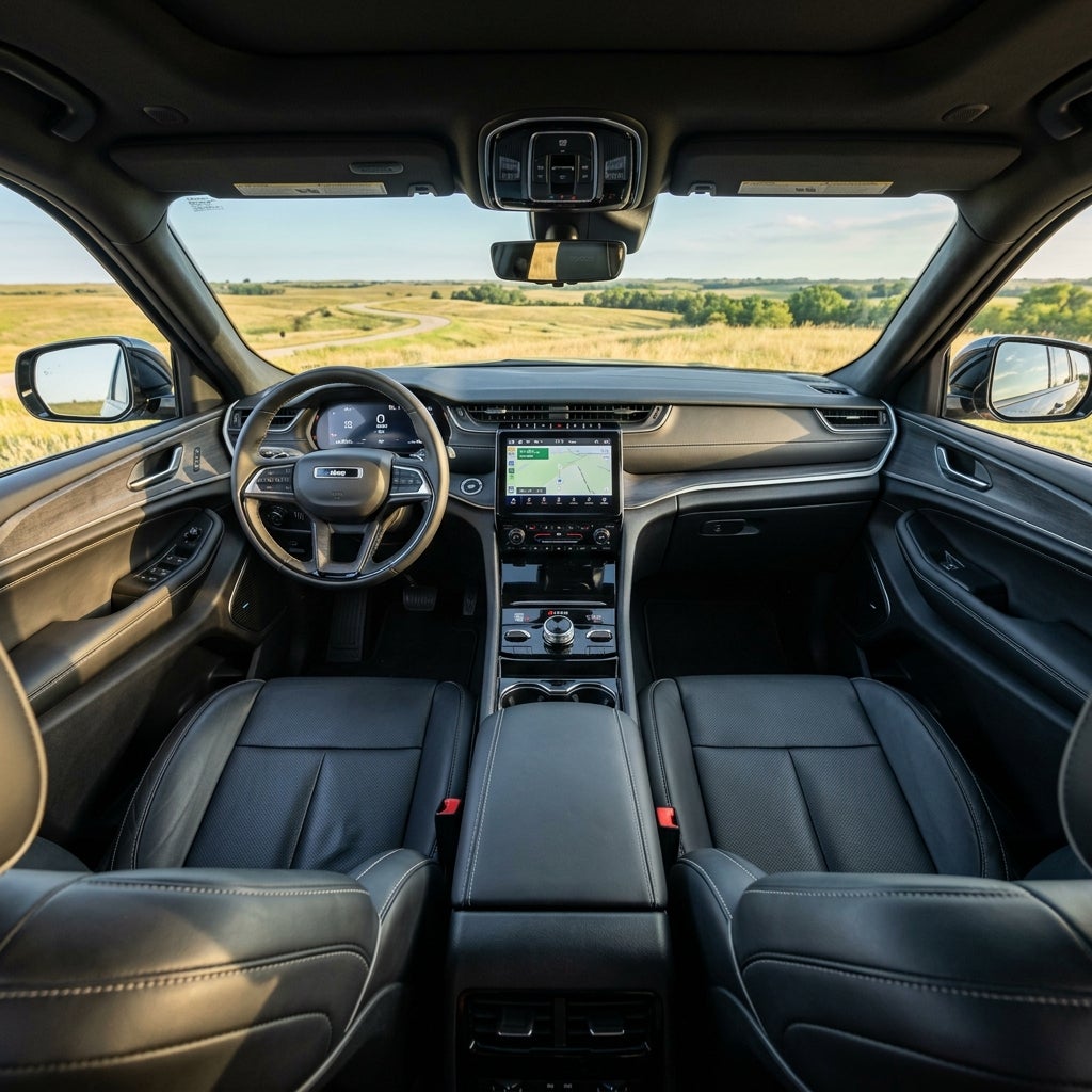 Black leather interior of a modern SUV with digital displays looking out at a scenic countryside road. (Representative image for illustration purposes only. Actual vehicle may vary based on trim and configuration.)