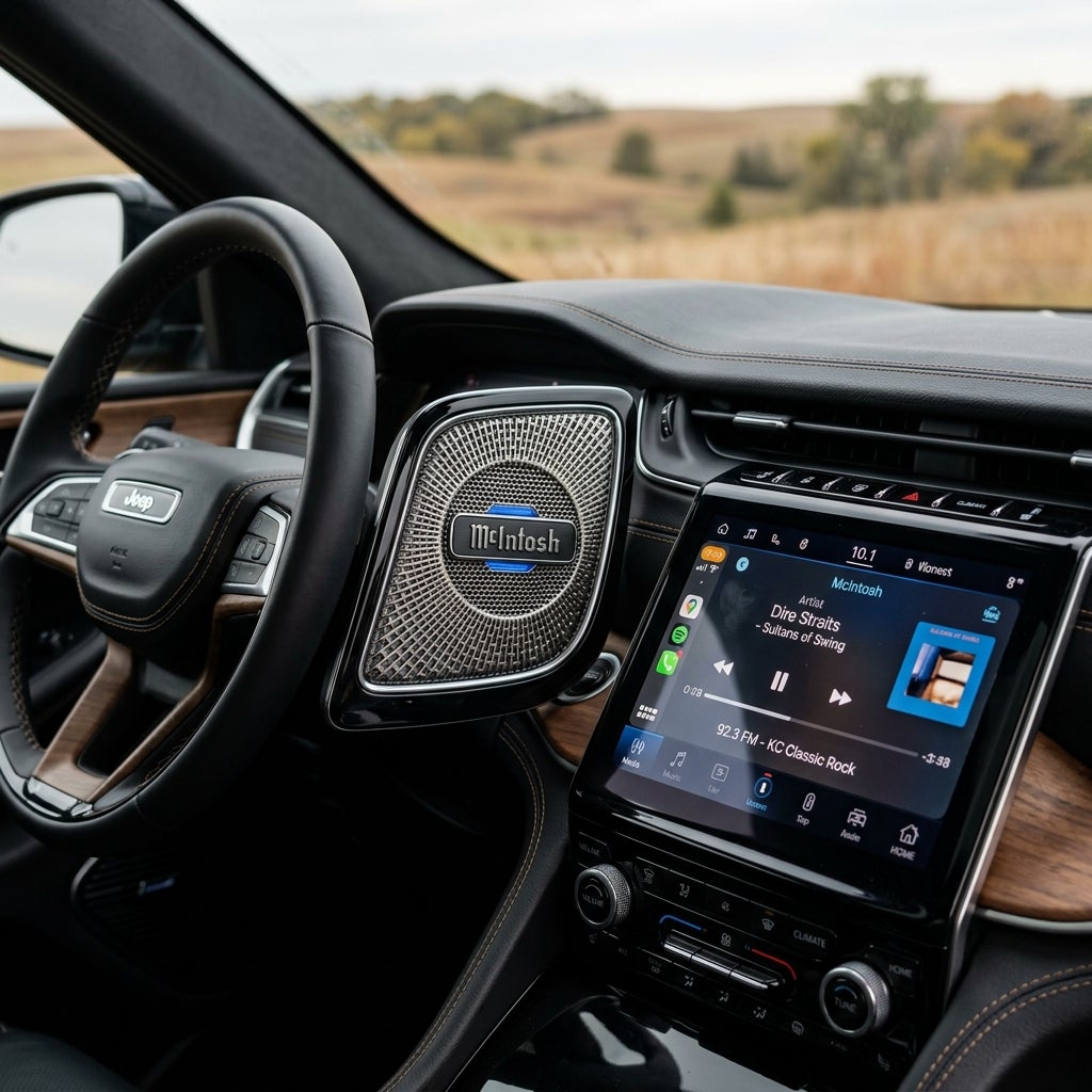Jeep dashboard interior showing a McIntosh speaker grille next to a touchscreen playing music. (Representative image for illustration purposes only. Actual vehicle may vary based on trim and configuration.)