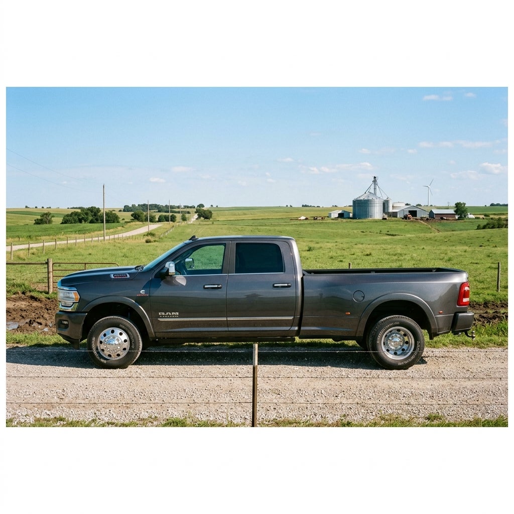 Side profile of a dark grey Ram 3500 heavy-duty dually pickup truck parked along a fence on a rural dirt road. (Representative image for illustration purposes only. Actual vehicle may vary based on trim and configuration.)