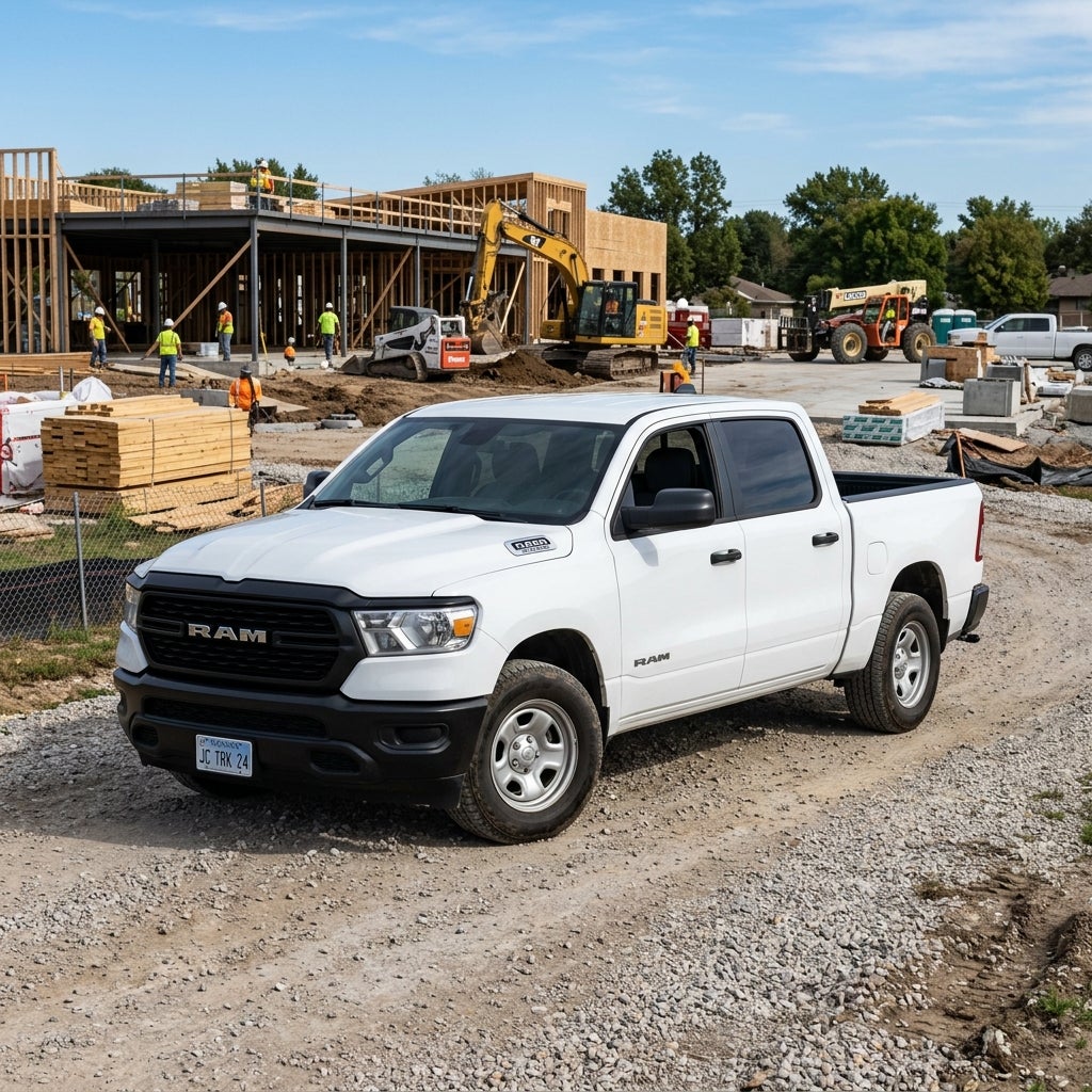 White Ram pickup truck parked on a gravel driveway at an active building construction site with heavy equipment. (Representative image for illustration purposes only. Actual vehicle may vary based on trim and configuration.)