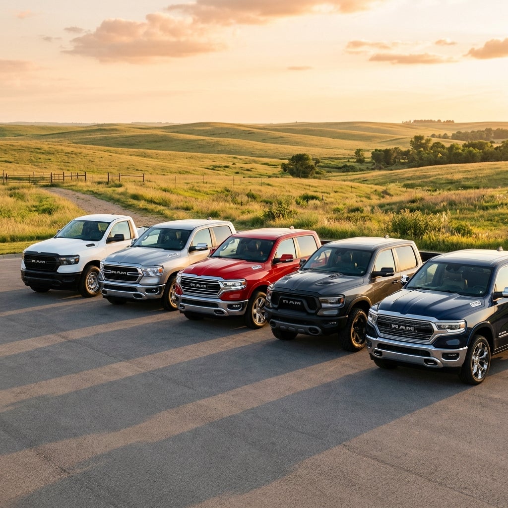 Five Ram pickup trucks in different colors parked side-by-side on an asphalt road in a scenic rural landscape at sunset. (Representative image for illustration purposes only. Actual vehicle may vary based on trim and configuration.)