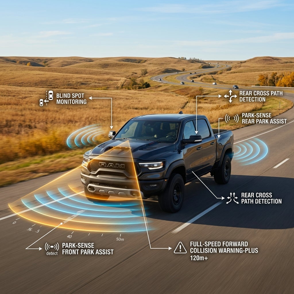 Infographic showing safety features on a dark grey RAM pickup truck driving on a rural highway. (Representative image for illustration purposes only. Actual vehicle may vary based on trim and configuration.)