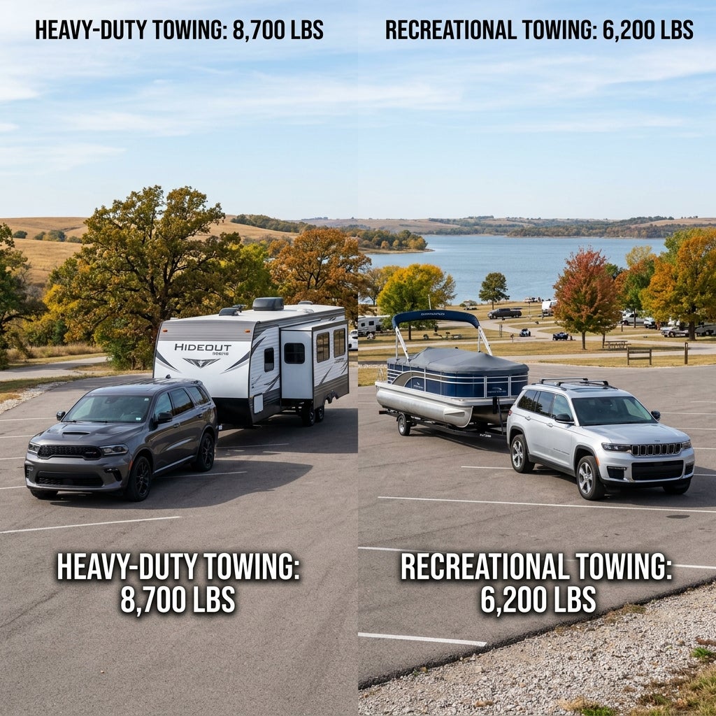 Side-by-side comparison showing an SUV towing an 8,700 lb camper trailer next to an SUV towing a 6,200 lb pontoon boat. (Representative image for illustration purposes only. Actual vehicle may vary based on trim and configuration.)