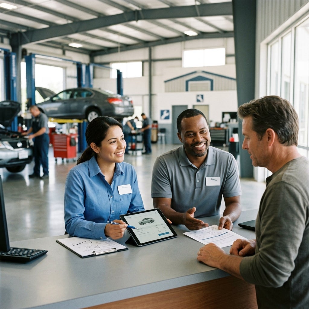 Two smiling service advisors show a tablet to a customer at an auto repair shop reception desk. (Representative image for illustration purposes only. Actual vehicle may vary based on trim and configuration.)
