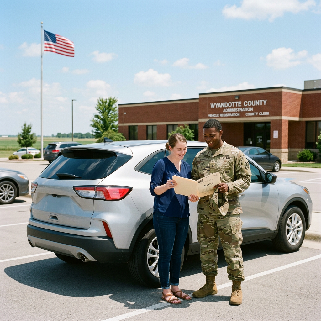 A woman and an Army soldier review vehicle paperwork in front of the Wyandotte County Administration building. (Representative image for illustration purposes only. Actual vehicle may vary based on trim and configuration.)