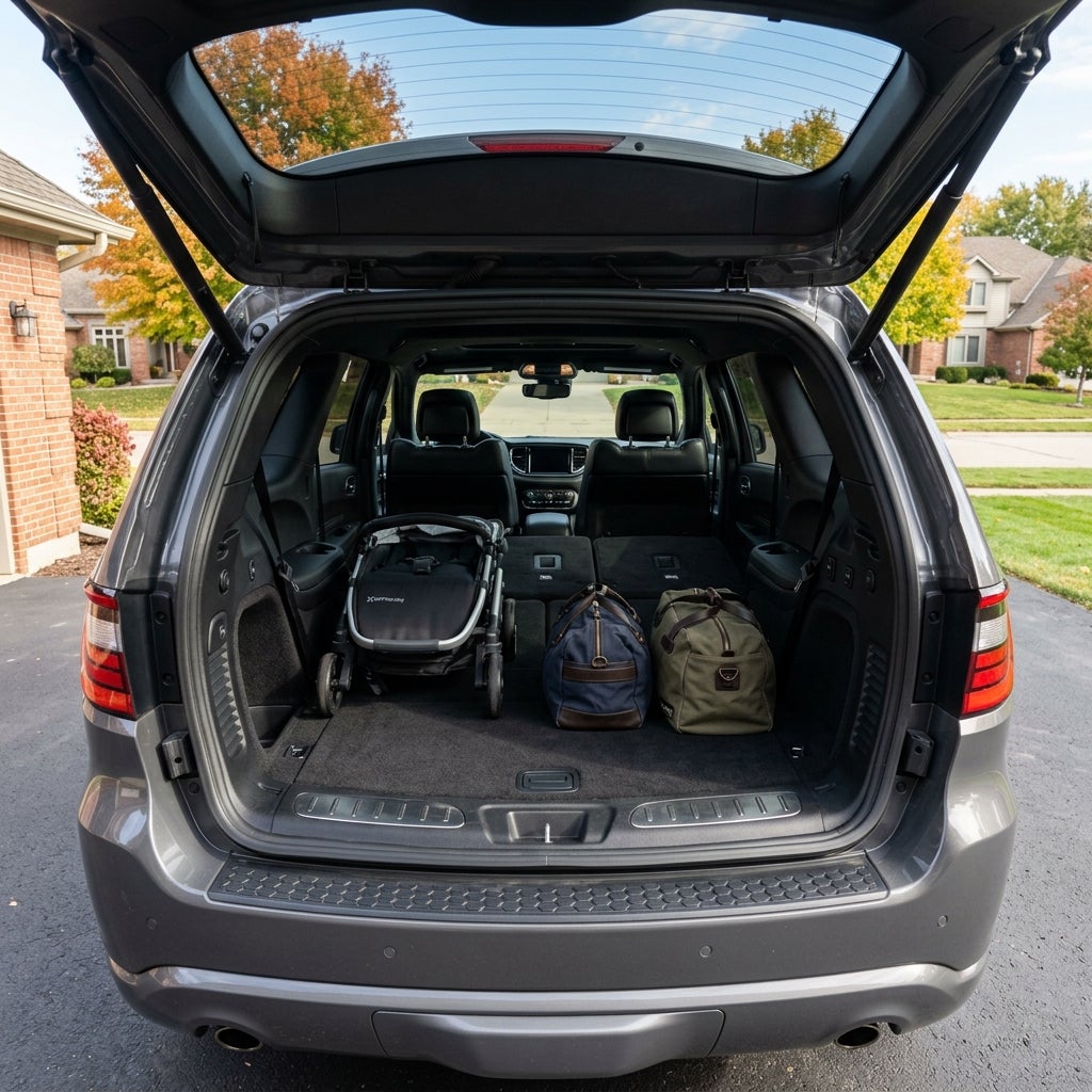 Open trunk of a gray SUV packed with a stroller and two duffel bags on a suburban driveway. (Representative image for illustration purposes only. Actual vehicle may vary based on trim and configuration.)