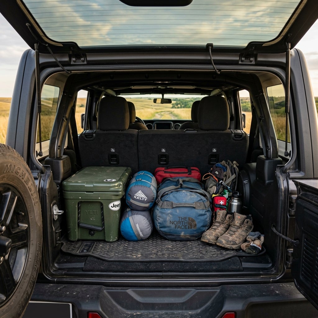 Open Jeep trunk packed with a Yeti cooler, sleeping bags, a duffel bag, backpack, and muddy hiking boots. (Representative image for illustration purposes only. Actual vehicle may vary based on trim and configuration.)