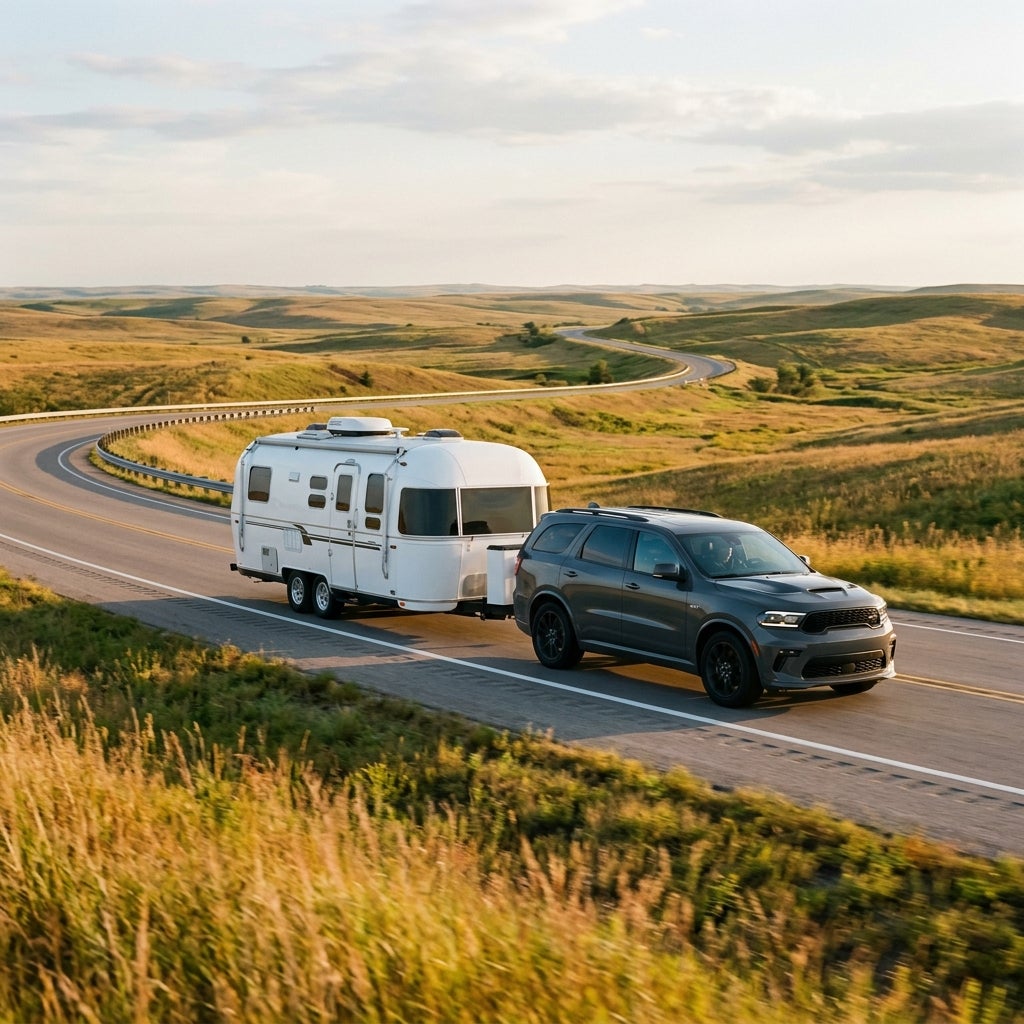 A dark gray SUV towing a white camper trailer along a winding scenic road through rolling hills. (Representative image for illustration purposes only. Actual vehicle may vary based on trim and configuration.)
