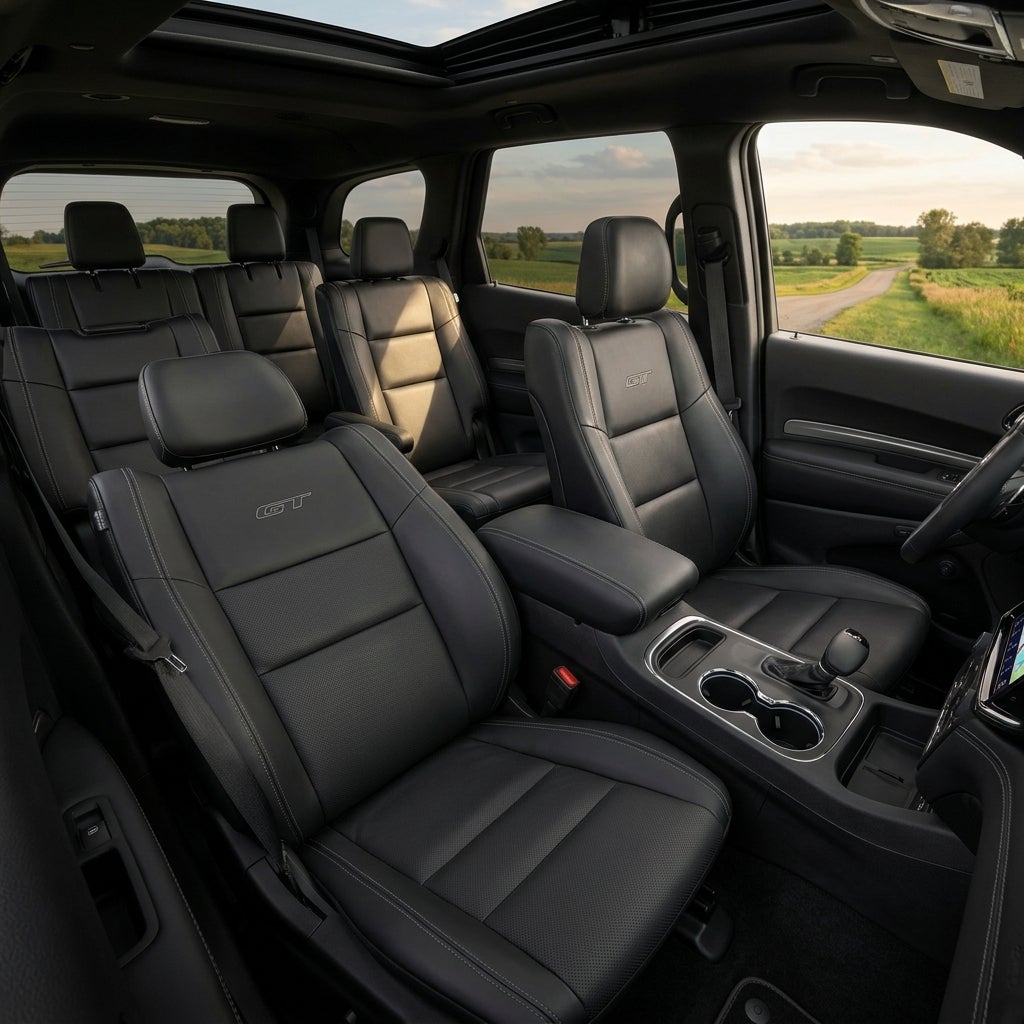 Interior of a black SUV featuring three rows of leather seats, open sunroof, and modern center console. (Representative image for illustration purposes only. Actual vehicle may vary based on trim and configuration.)