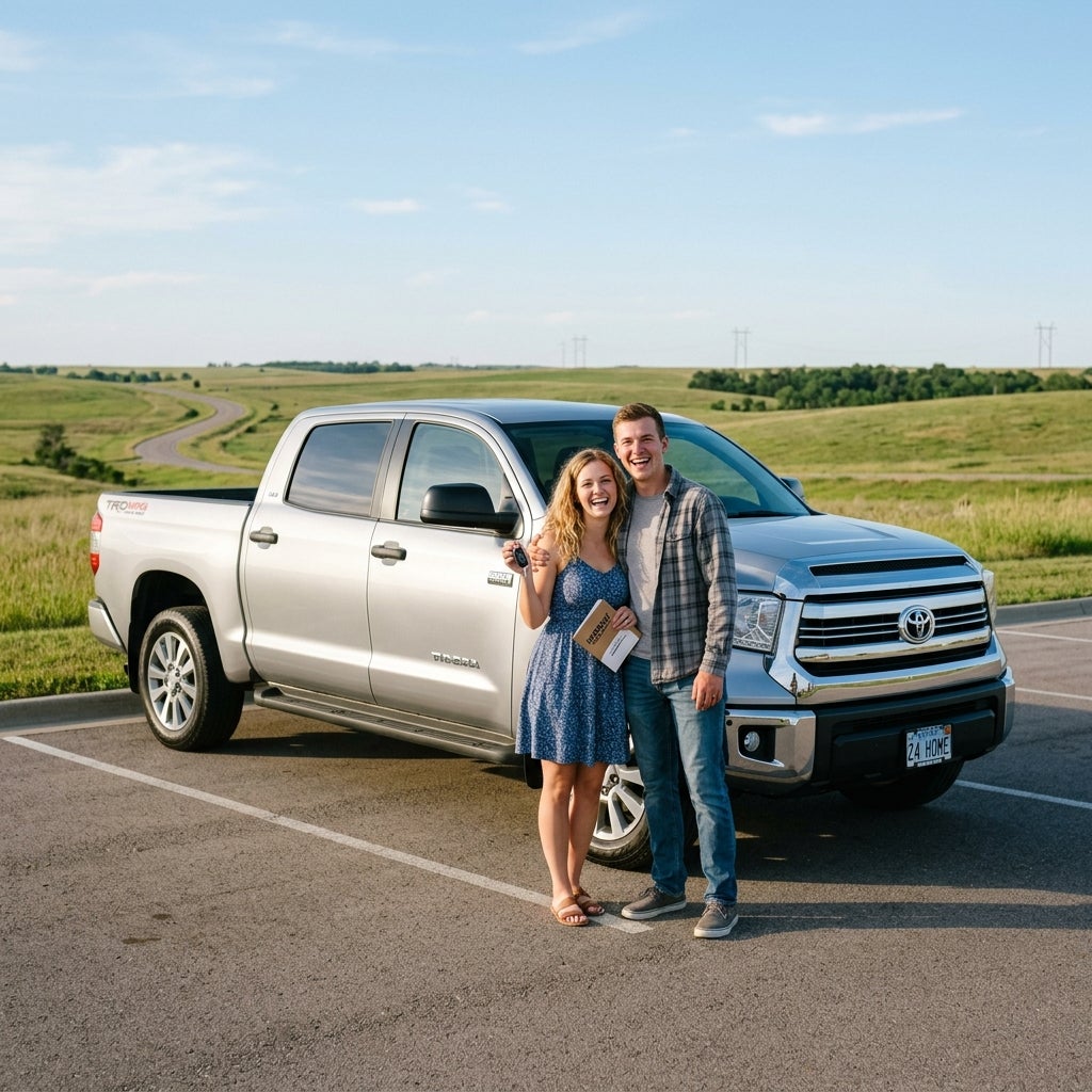 A happy young couple stands in front of their new silver Toyota pickup truck in a scenic parking lot. (Representative image for illustration purposes only. Actual vehicle may vary based on trim and configuration.)