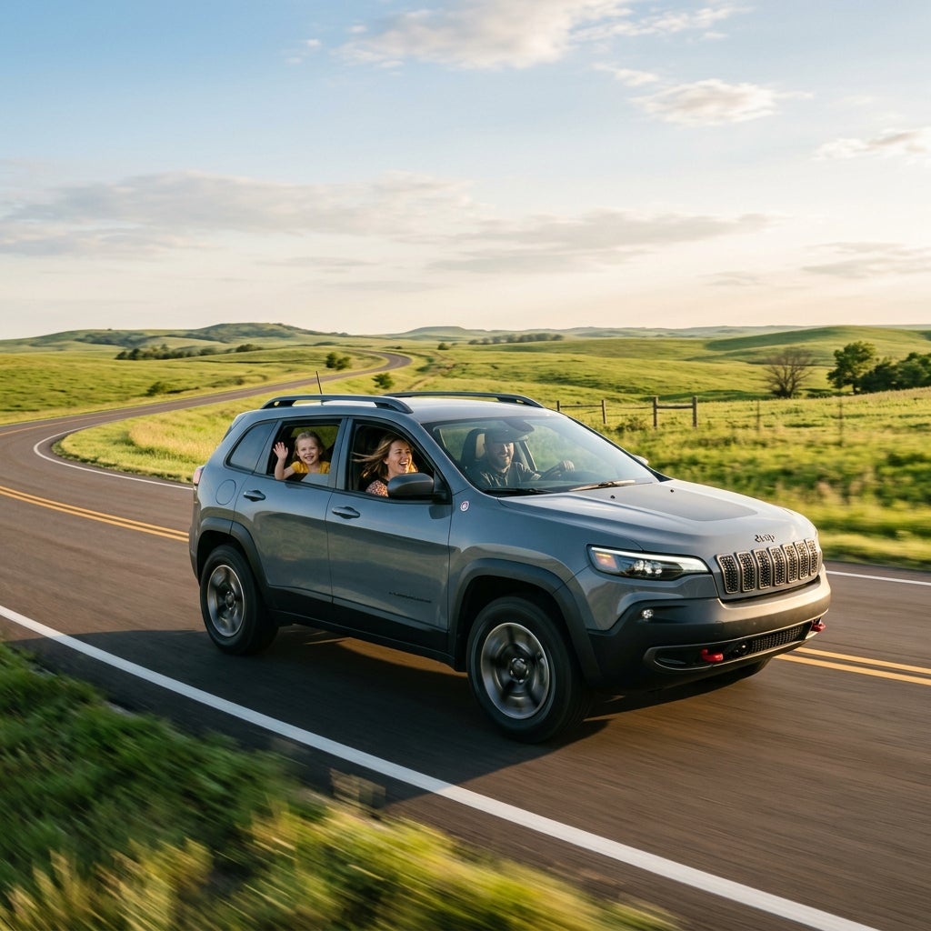 A gray Jeep driving on a winding country road with a family inside smiling and waving. (Representative image for illustration purposes only. Actual vehicle may vary based on trim and configuration.)