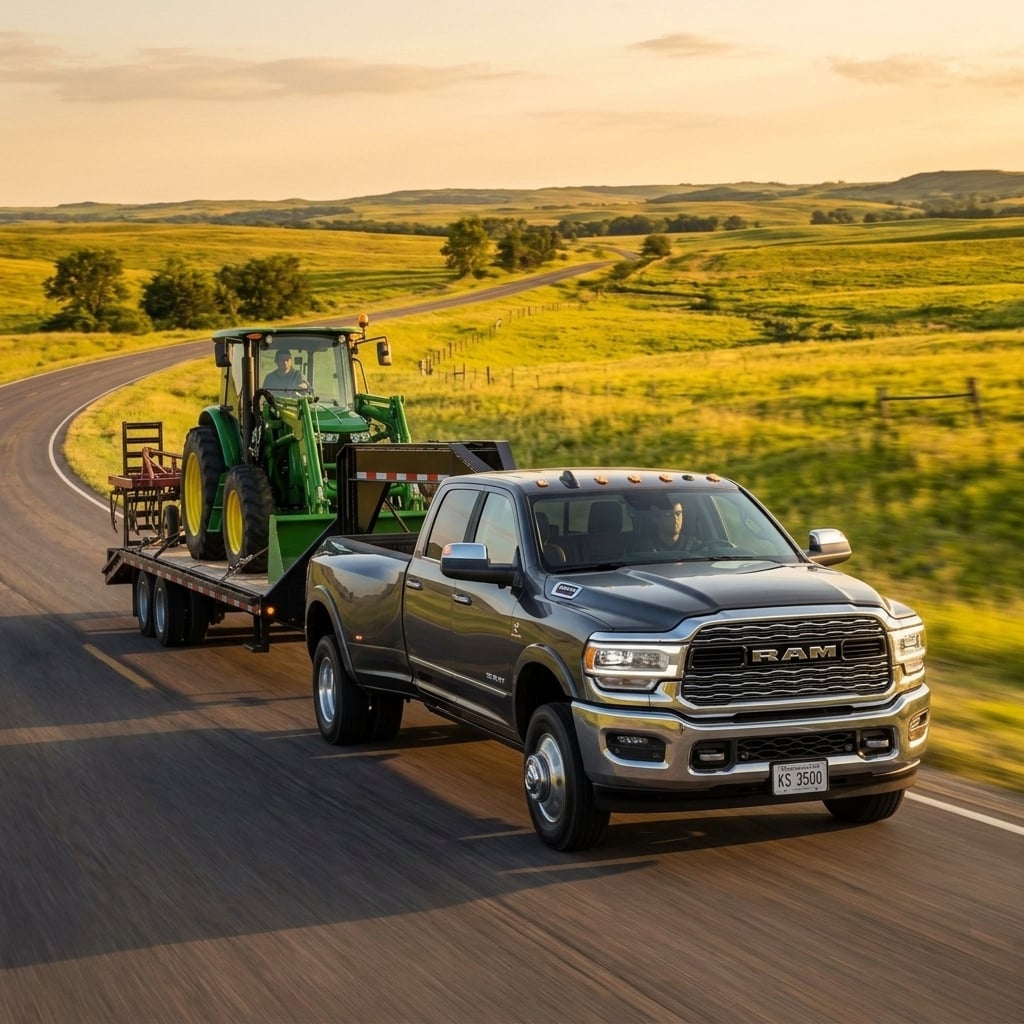 A rear three-quarter dynamic tracking shot of a 2025 RAM 3500 Limited Crew Cab heavy-duty truck in a granite crystal metallic paint finish, towing a large heavy-duty gooseneck trailer loaded with agricultural equipment. The truck is driving along a paved two-lane rural road winding through the rolling tallgrass prairie and open pastures of Riley County, Kansas. Warm golden hour sunlight illuminates the side profile and chrome rear bumper, emphasizing the truck's powerful stance and dual rear wheels. The background showcases the vast, gently undulating Flint Hills landscape under a clear late-summer sky, rendered in crisp, professional commercial automotive photography style with dynamic depth of field. (Representative image for illustration purposes only. Actual vehicle may vary based on trim and configuration.)
