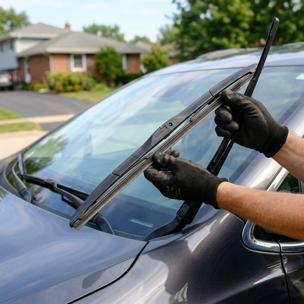 Gloved hands installing a replacement windshield wiper blade onto the wiper arm of a dark gray car outdoors. (Representative image for illustration purposes only. Actual vehicle may vary based on trim and configuration.)