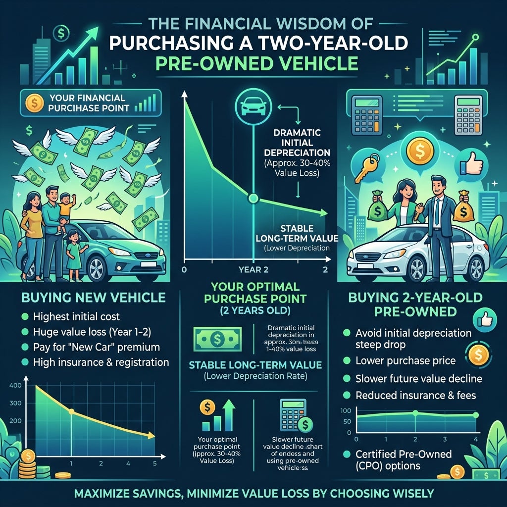 Infographic comparing the depreciation and financial impact of buying a new car versus a two-year-old pre-owned vehicle. (Representative image for illustration purposes only. Actual vehicle may vary based on trim and configuration.)
