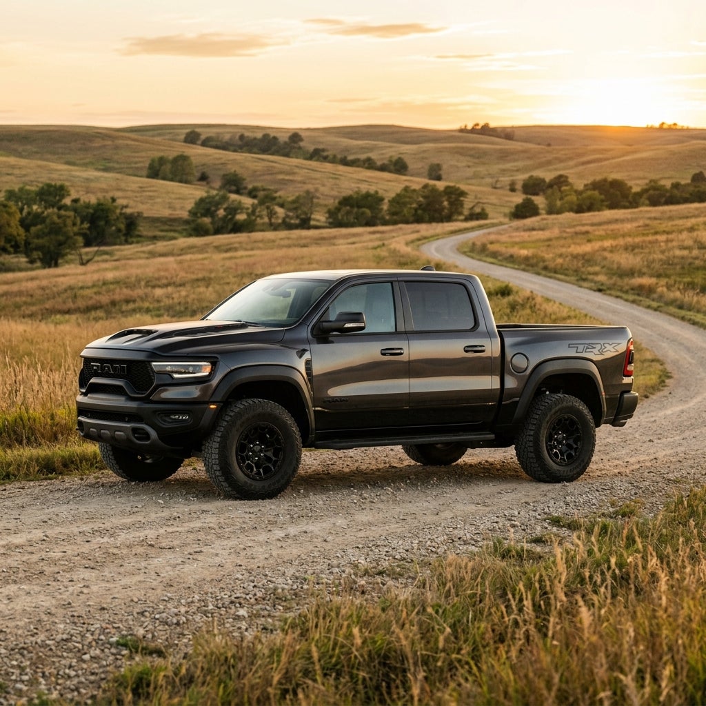 Dark gray Ram 1500 TRX pickup truck parked on a rural gravel road during golden hour sunset. (Representative image for illustration purposes only. Actual vehicle may vary based on trim and configuration.)
