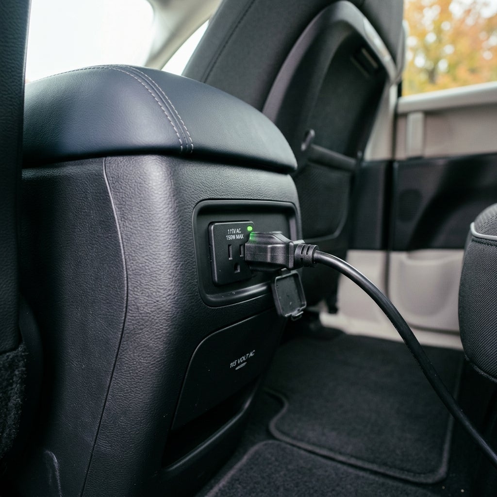 A power cord plugged into a 115V AC electrical outlet built into the back of a vehicle's center console. (Representative image for illustration purposes only. Actual vehicle may vary based on trim and configuration.)