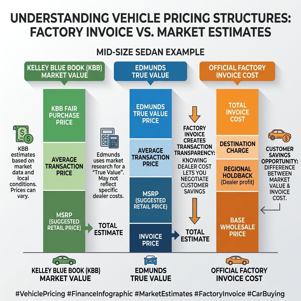 Infographic comparing KBB market value, Edmunds true value, and official factory invoice cost for vehicle pricing. (Representative image for illustration purposes only. Actual vehicle may vary based on trim and configuration.)