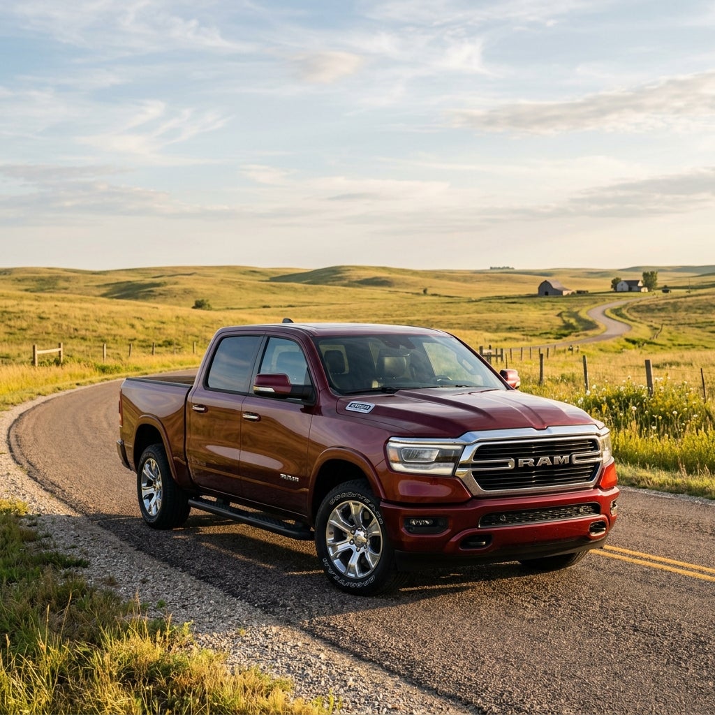 Dark red Ram 1500 pickup truck parked on a winding country road amidst rolling grassy hills. (Representative image for illustration purposes only. Actual vehicle may vary based on trim and configuration.)