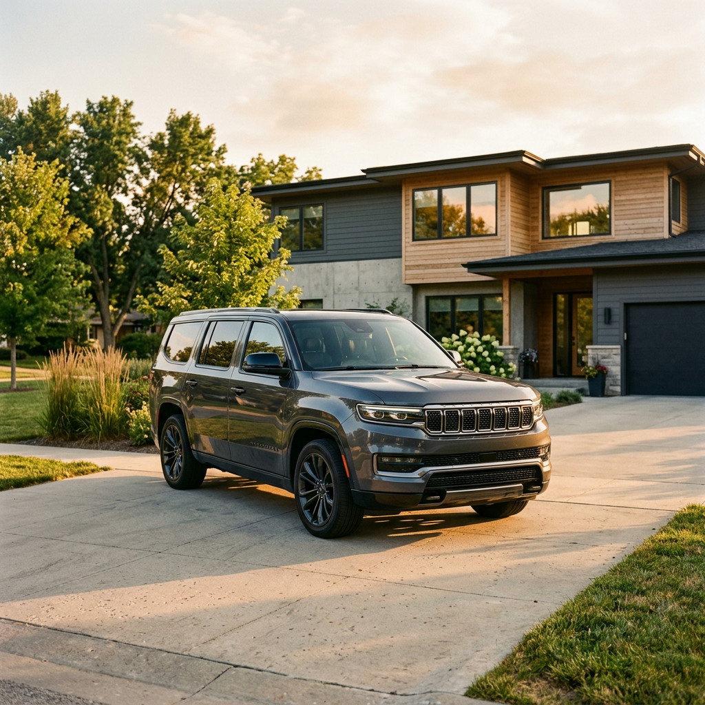 A dark gray Jeep Grand Wagoneer parked on a concrete driveway in front of a modern home at sunset. (Representative image for illustration purposes only. Actual vehicle may vary based on trim and configuration.)