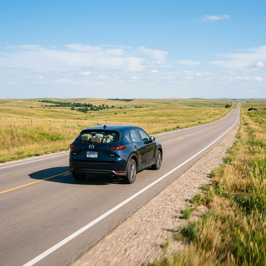 Dark blue SUV packed with luggage driving down a straight rural highway through rolling grassy hills. (Representative image for illustration purposes only. Actual vehicle may vary based on trim and configuration.)