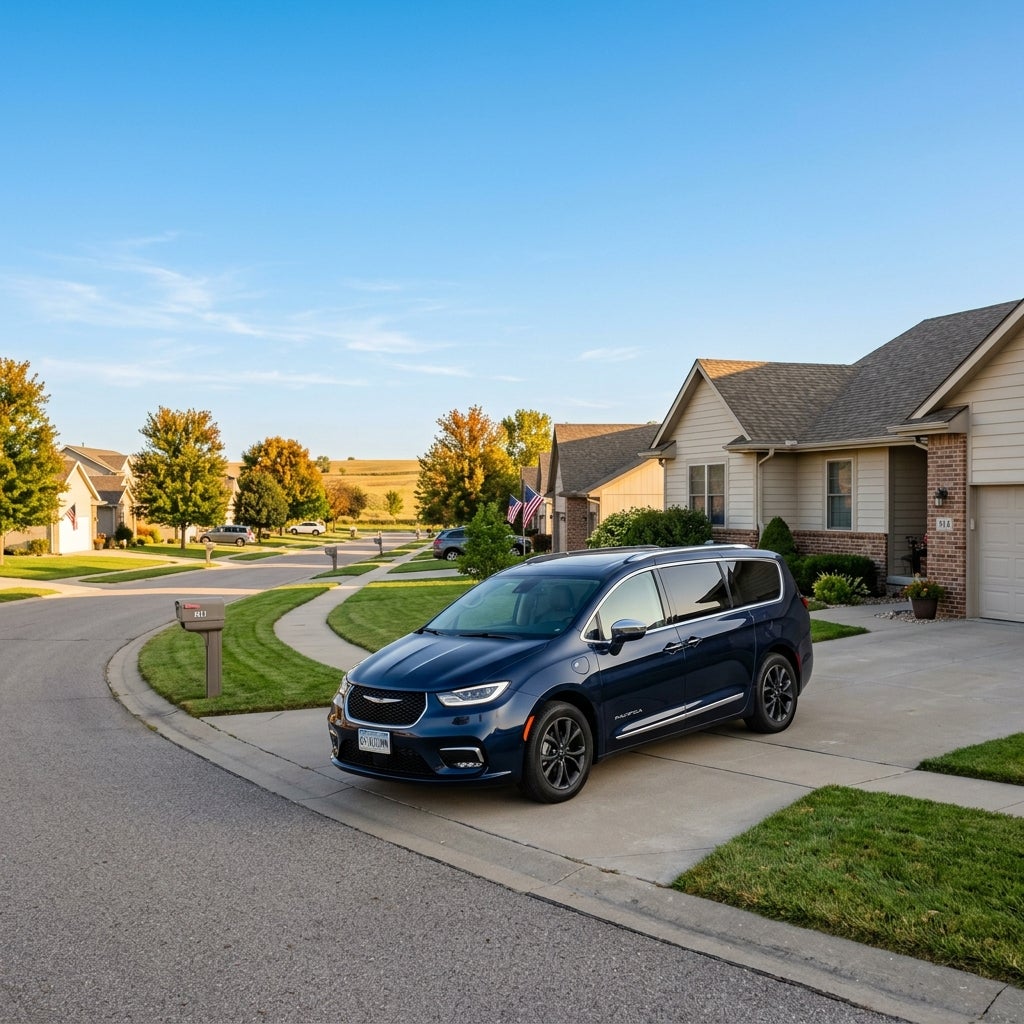A dark blue Chrysler Pacifica minivan parked on a concrete driveway in a quiet suburban neighborhood. (Representative image for illustration purposes only. Actual vehicle may vary based on trim and configuration.)