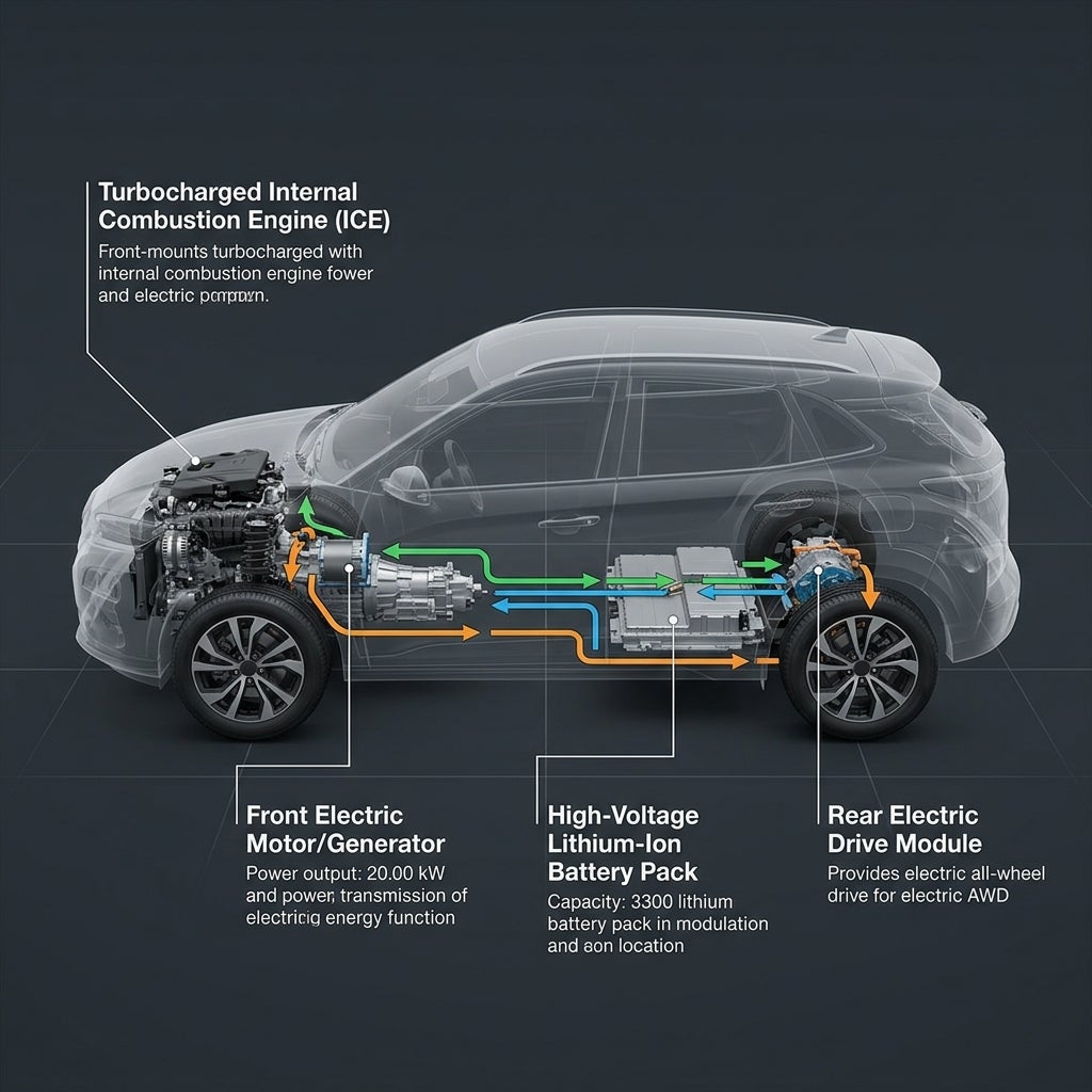 Transparent 3D diagram of a hybrid vehicle's powertrain highlighting the engine, battery, and electric motors. (Representative image for illustration purposes only. Actual vehicle may vary based on trim and configuration.)