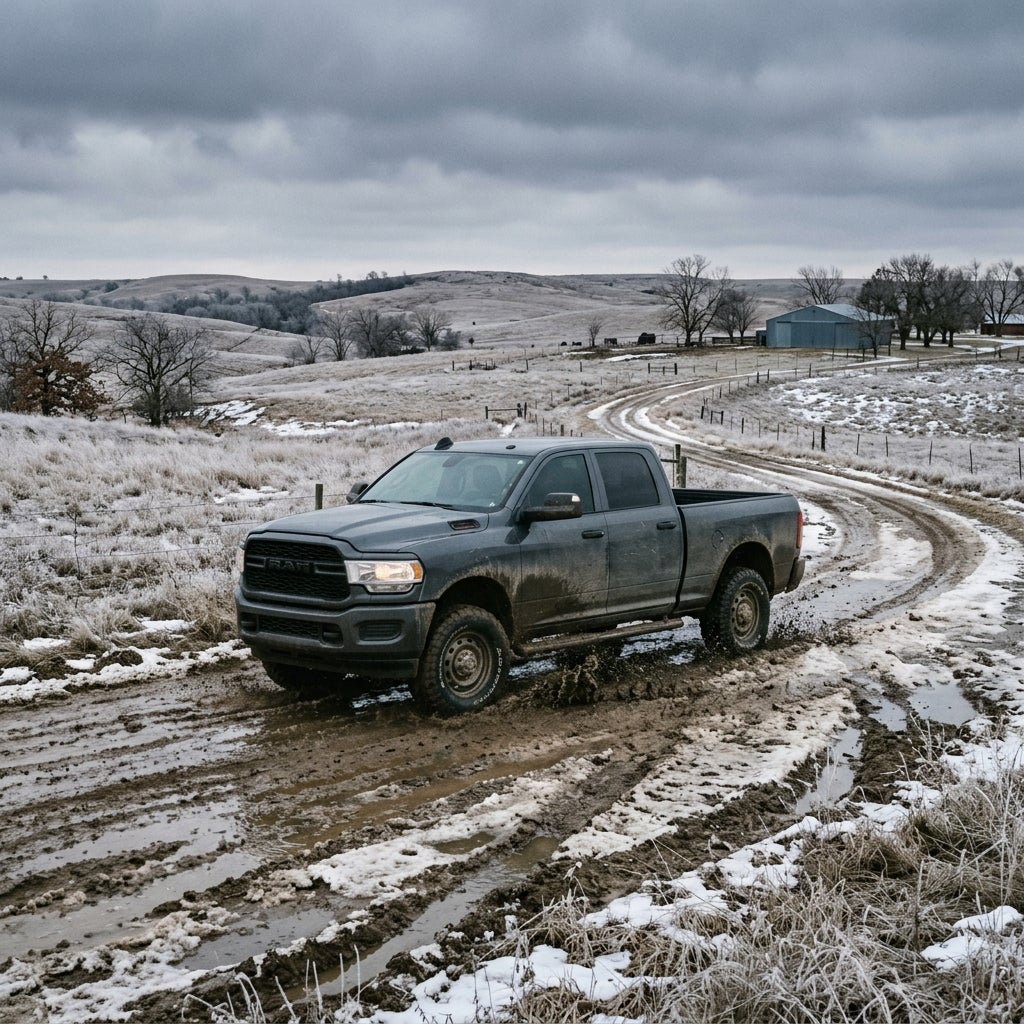 Dark grey RAM pickup truck driving through a muddy, snow-covered dirt road in a rural landscape. (Representative image for illustration purposes only. Actual vehicle may vary based on trim and configuration.)