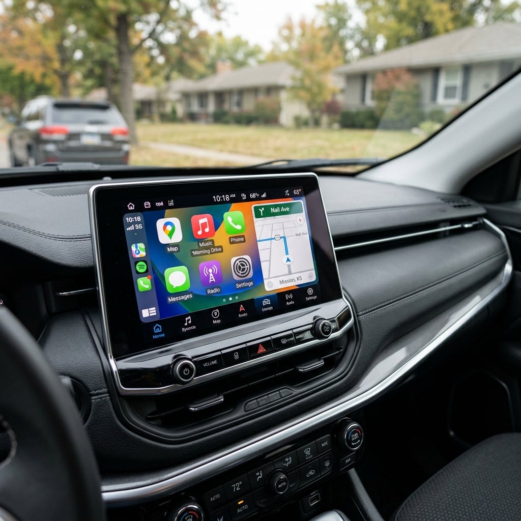 Dashboard touchscreen in a car displaying Apple CarPlay with navigation map and app icons. (Representative image for illustration purposes only. Actual vehicle may vary based on trim and configuration.)