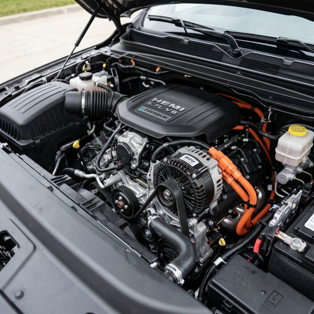 Clean view of a 5.7L V8 HEMI eTorque mild-hybrid engine bay inside an open truck hood. (Representative image for illustration purposes only. Actual vehicle may vary based on trim and configuration.)