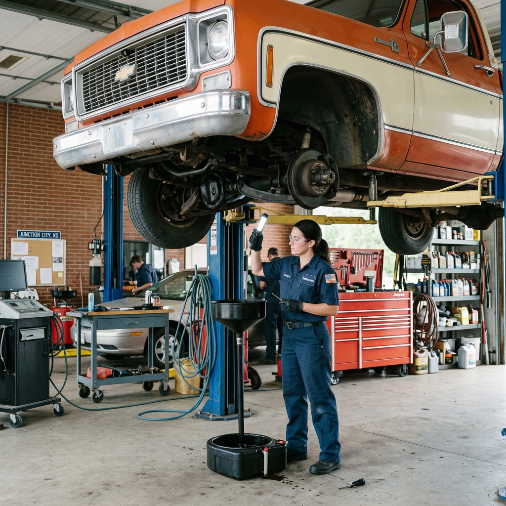 A female mechanic working on an orange vintage truck lifted on a hydraulic hoist in an auto repair shop. (Representative image for illustration purposes only. Actual vehicle may vary based on trim and configuration.)
