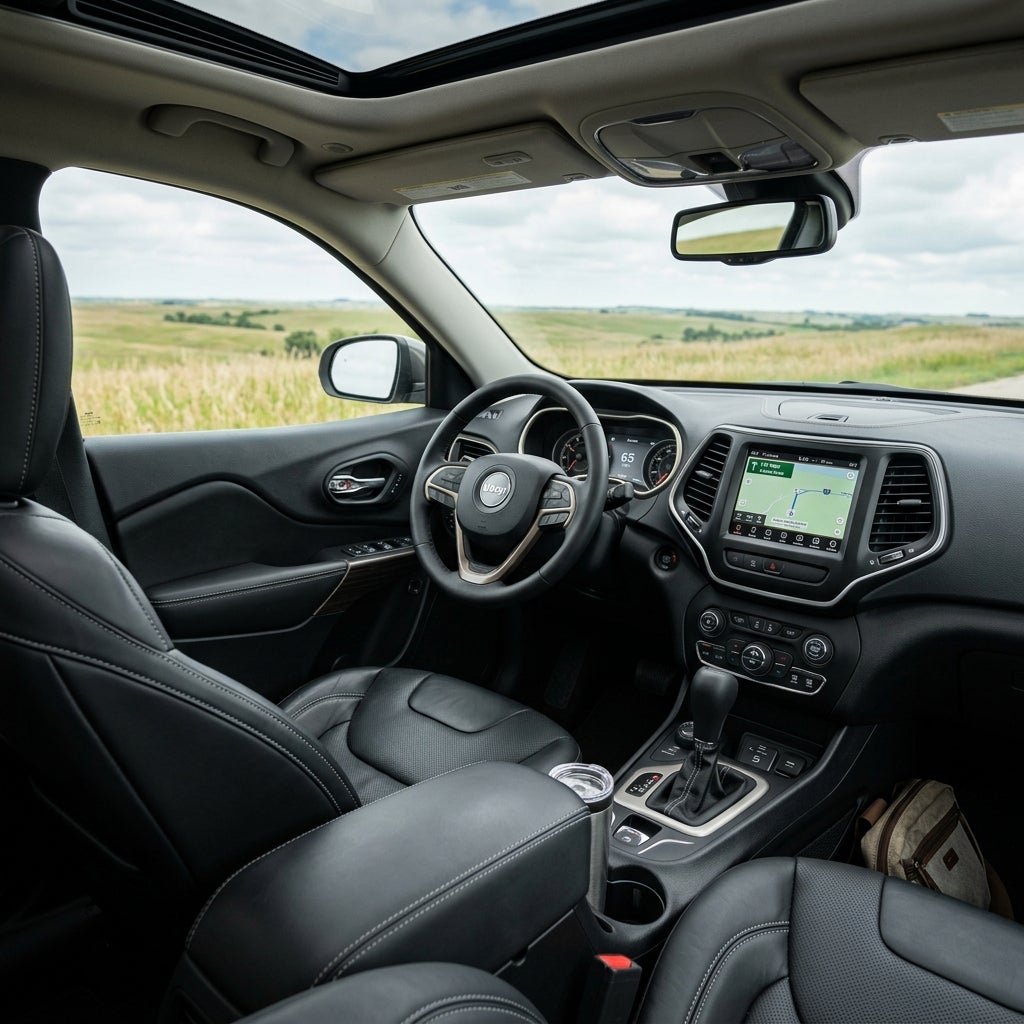 Interior view of a Jeep SUV featuring black leather seats, a digital dashboard, GPS navigation, and a sunroof. (Representative image for illustration purposes only. Actual vehicle may vary based on trim and configuration.)