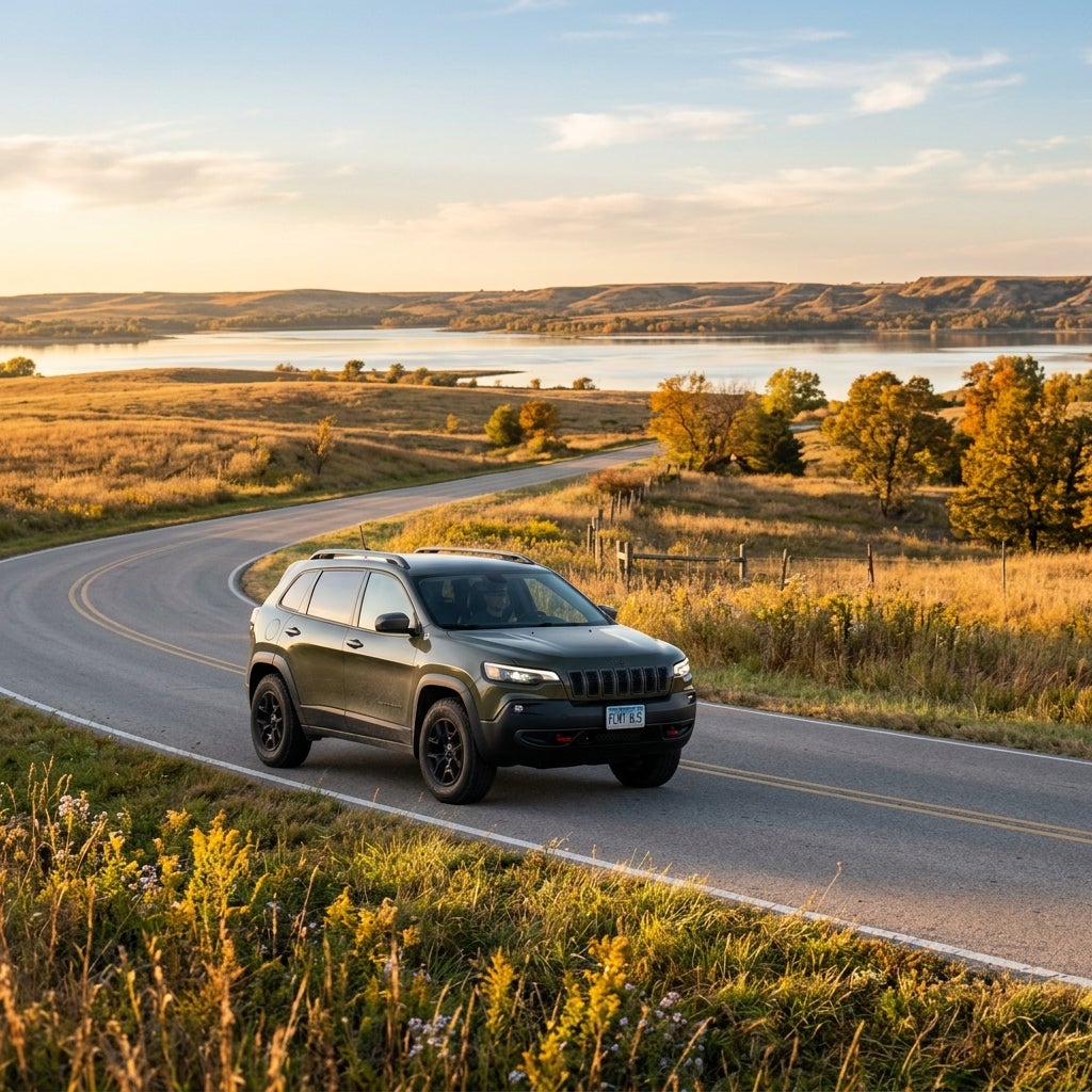 An olive green Jeep SUV driving around a bend on a paved countryside road near a lake at golden hour. (Representative image for illustration purposes only. Actual vehicle may vary based on trim and configuration.)