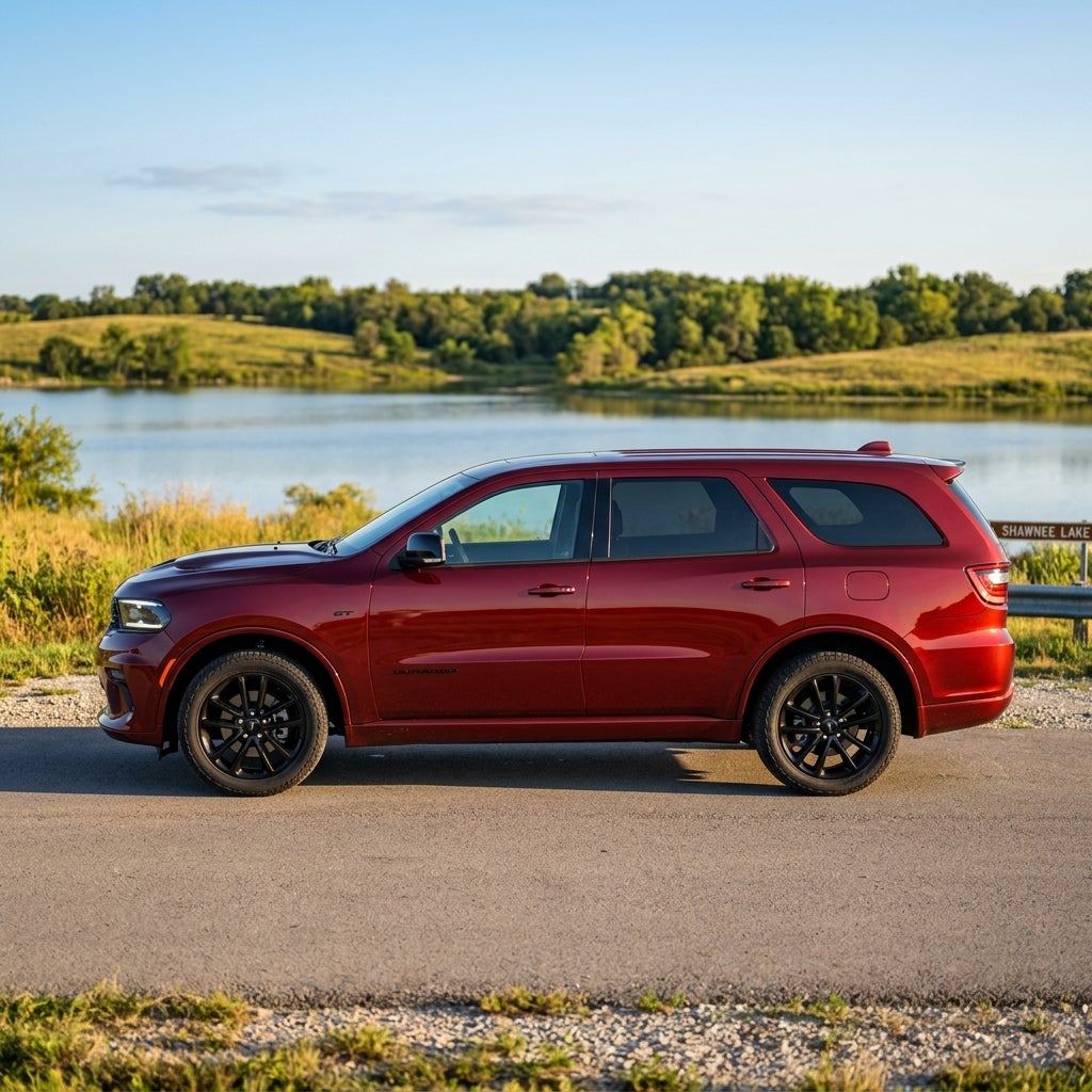Red Dodge Durango GT SUV parked on a road beside a lake with rolling green hills in the background. (Representative image for illustration purposes only. Actual vehicle may vary based on trim and configuration.)