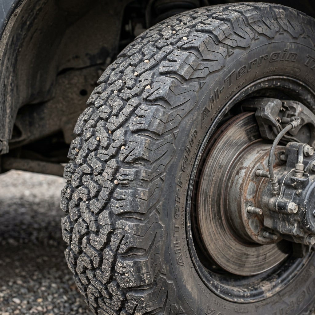 Close-up of a rugged off-road all-terrain tire with small stones stuck in tread beside a disc brake rotor. (Representative image for illustration purposes only. Actual vehicle may vary based on trim and configuration.)