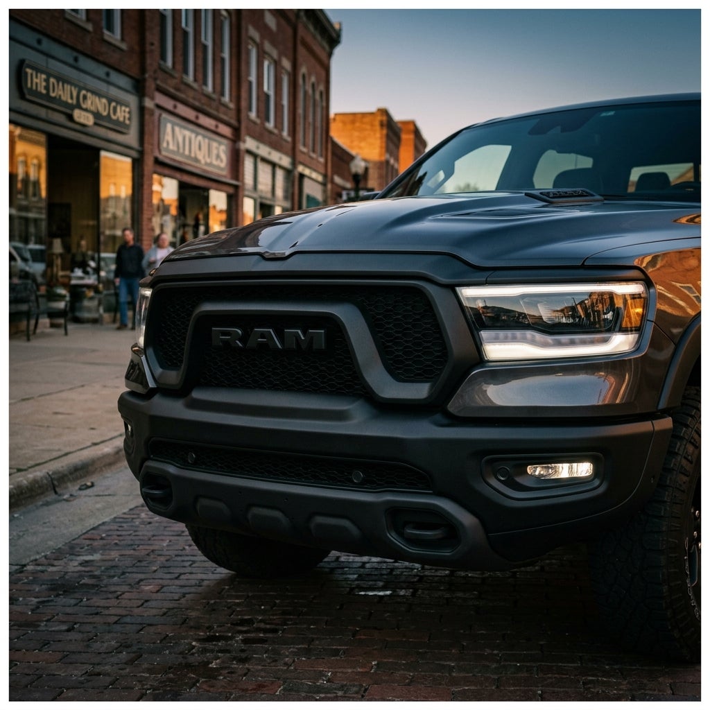 Dark gray RAM truck parked on a brick street in front of small-town storefronts at dusk with lights turned on. (Representative image for illustration purposes only. Actual vehicle may vary based on trim and configuration.)
