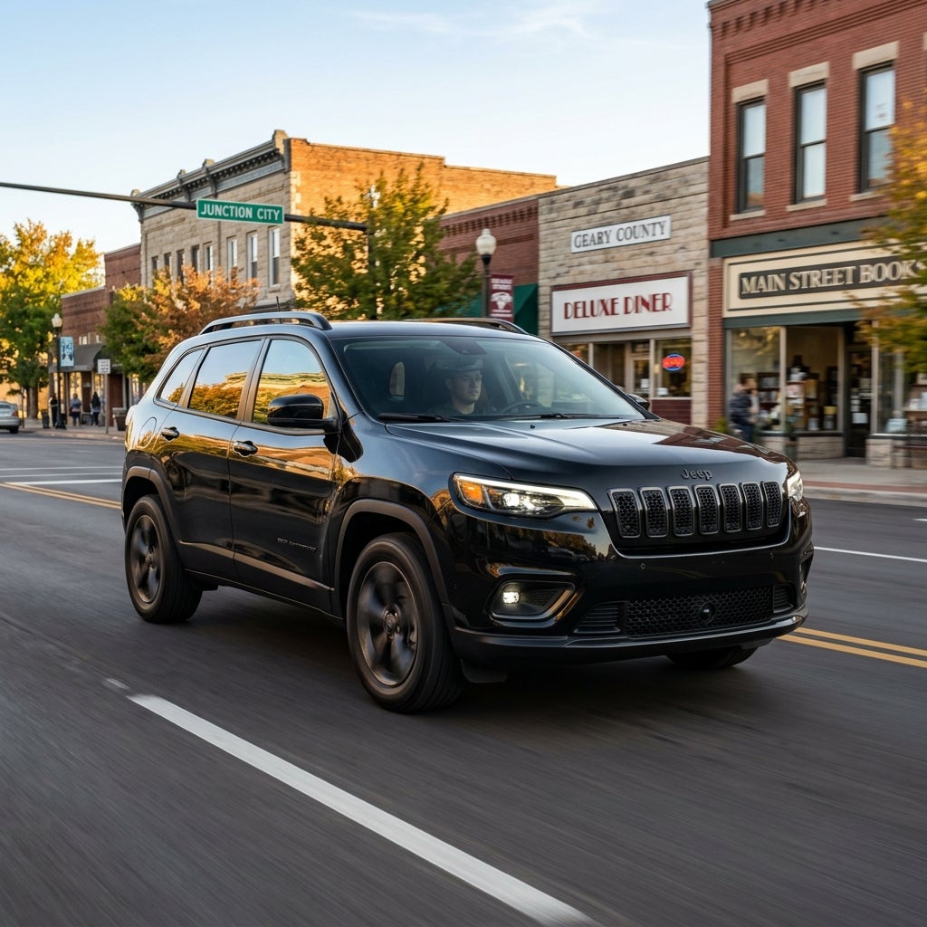 A black Jeep Cherokee driving along a small-town main street past historic brick storefronts during golden hour. (Representative image for illustration purposes only. Actual vehicle may vary based on trim and configuration.)