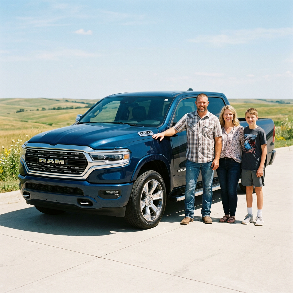 {
"altText": "A family of three smiling beside a blue Ram pickup truck on a paved road.",
"title": "Family with New Picku (Representative image for illustration purposes only. Actual vehicle may vary based on trim and configuration.)