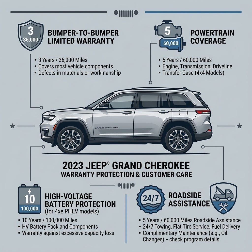 Infographic detailing the 2023 Jeep Grand Cherokee warranty coverage, roadside assistance, and battery protection. (Representative image for illustration purposes only. Actual vehicle may vary based on trim and configuration.)