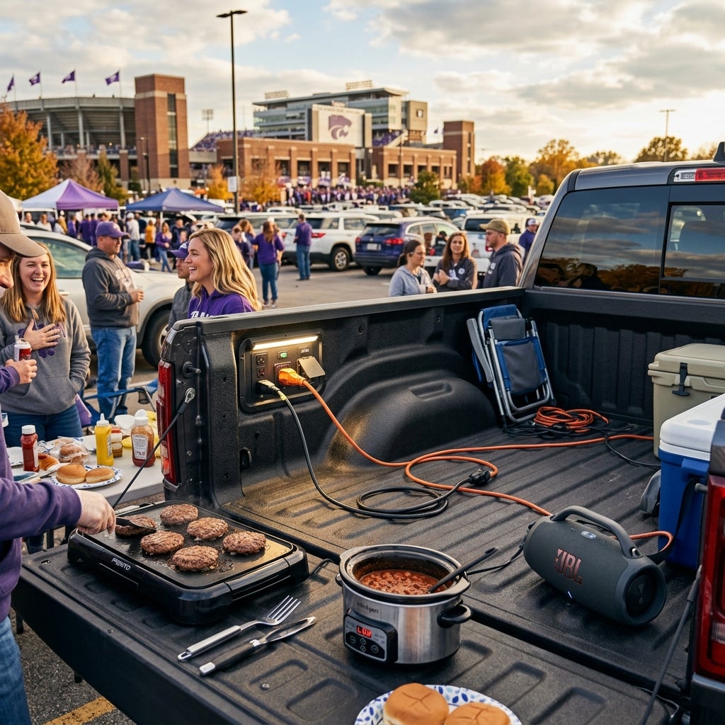 Tailgaters using built-in truck bed power outlets to run an electric griddle, slow cooker, and speaker near a stadium. (Representative image for illustration purposes only. Actual vehicle may vary based on trim and configuration.)
